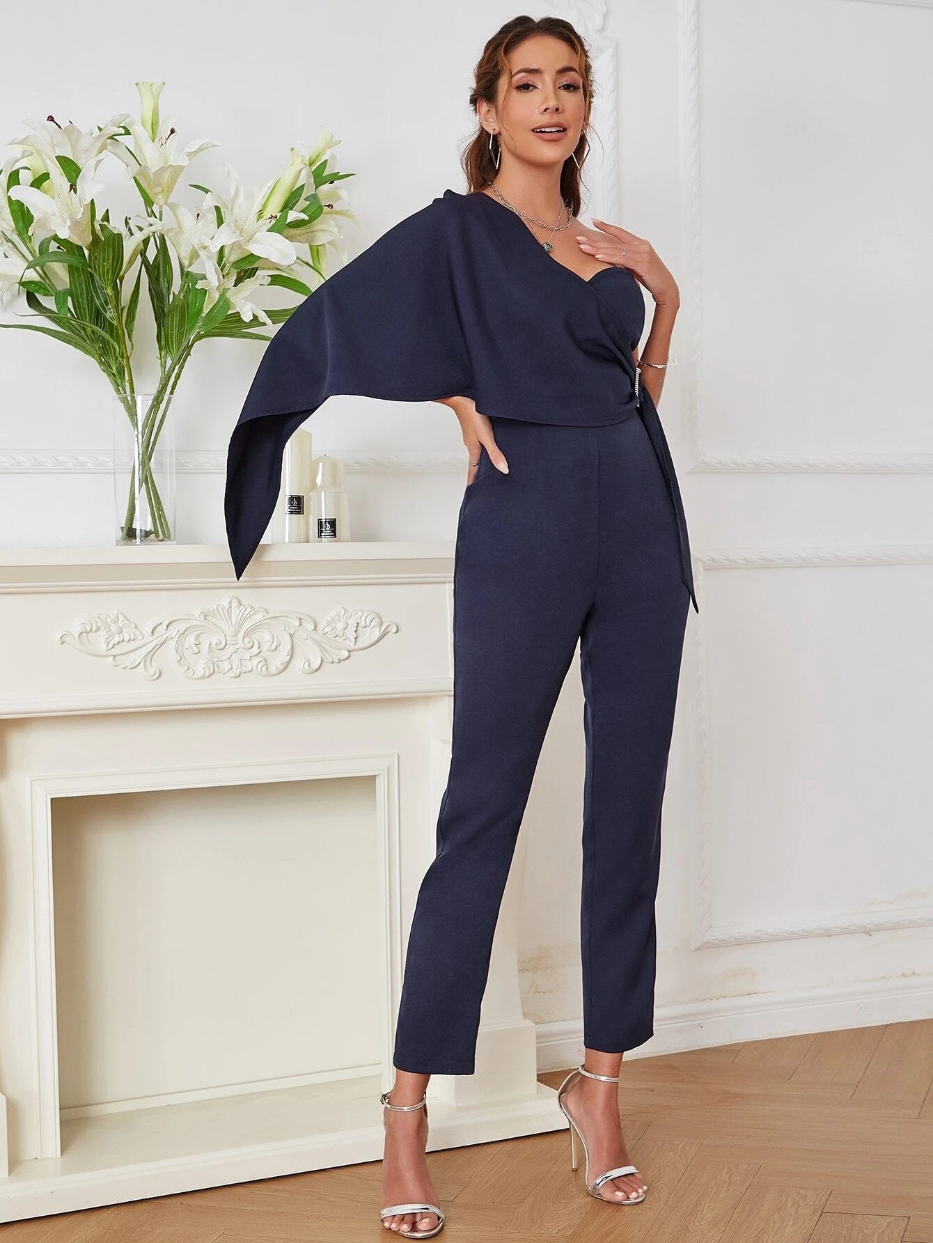 CM-JS477427 Women Elegant Seoul Style One Shoulder Cloak Sleeve Buckled Side Jumpsuit - Navy Blue