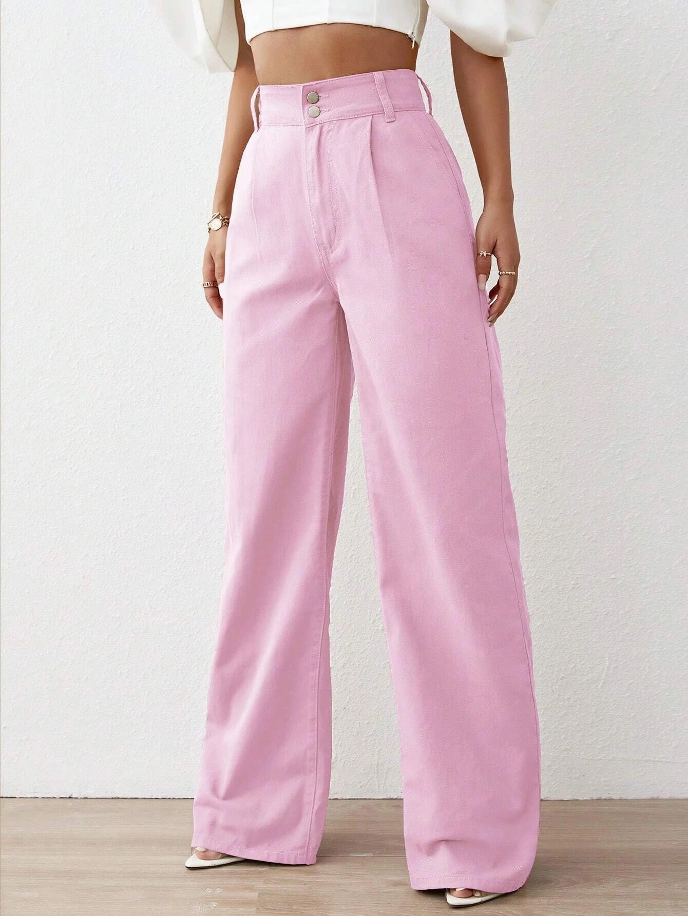 CM-BS191594 Women Preppy Seoul Style Solid High Waist Wide Leg Jeans - Pink