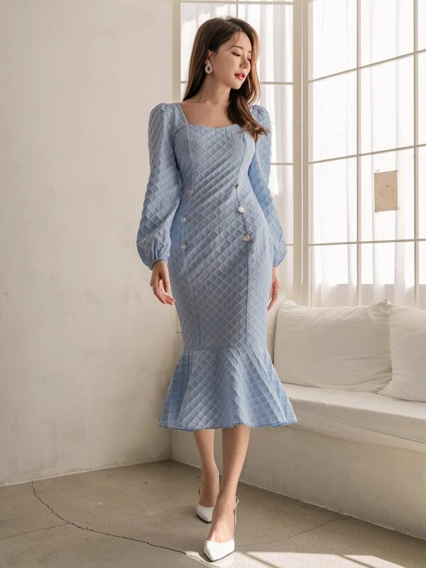 CM-DS179415 Women Elegant Seoul Style Square Neck Lantern Sleeve Mermaid Hem Jacquard Dress
