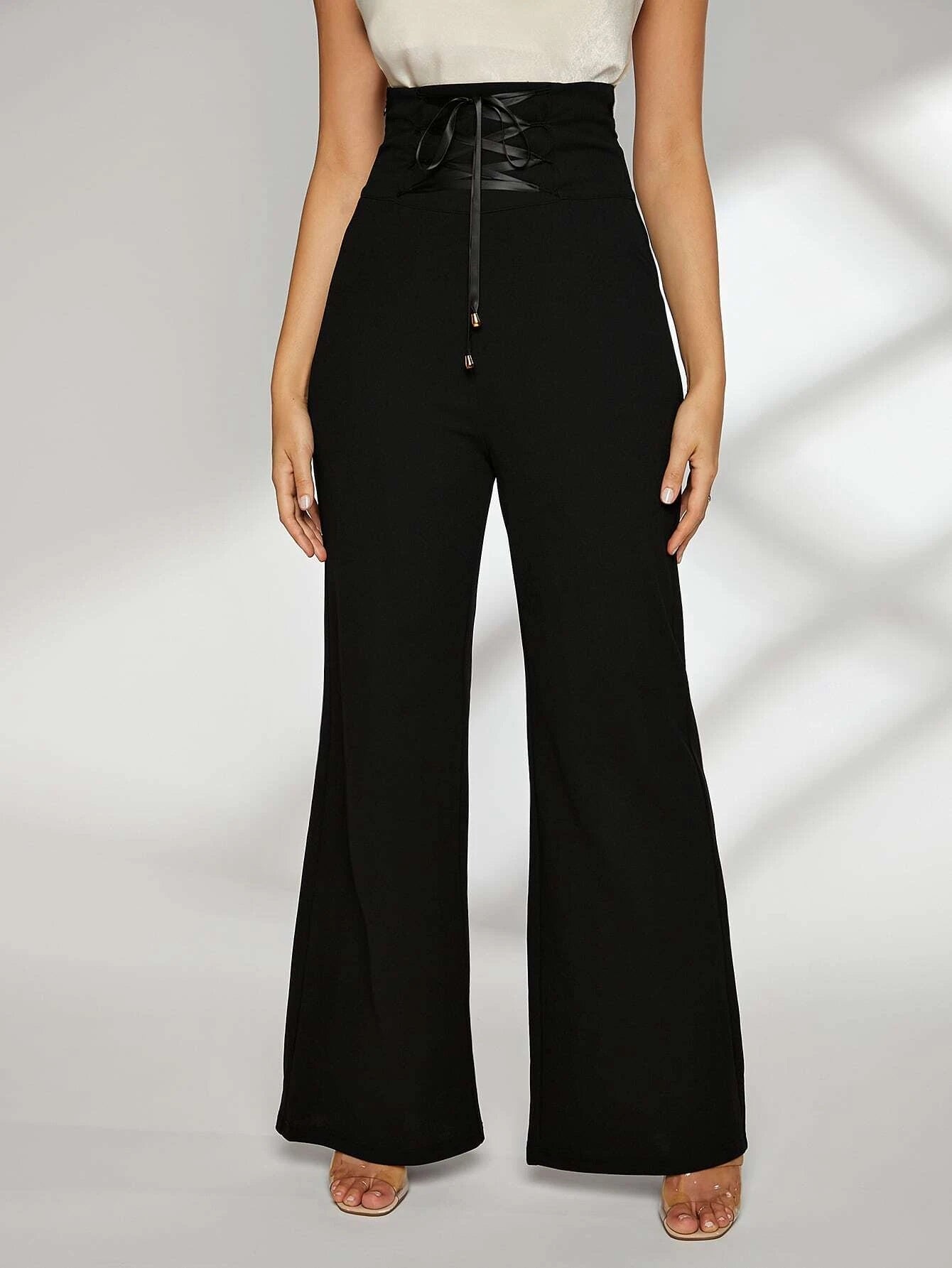 CM-BS521764 Women Elegant Seoul Style Lace Up Wide Waistband Palazzo Pants - Black