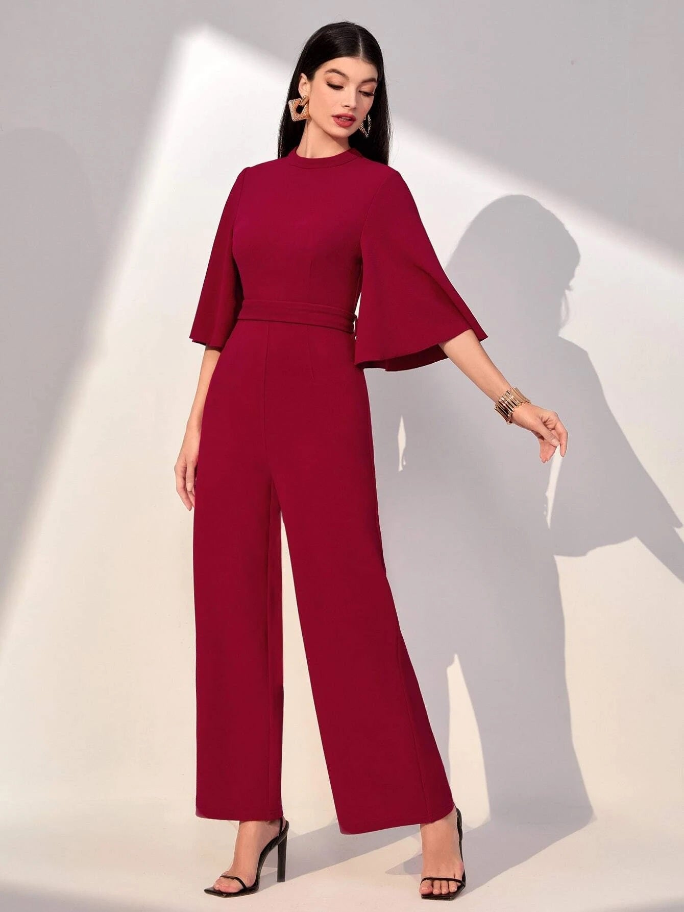 CM-JS124404 Women Elegant Seoul Style Solid Flounce Sleeve Belted Jumpsuit - Burgundy