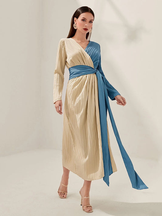 CM-DS658639 Women Casual Seoul Style Two Tone Pleated Panel Tie Back Wrap Hem Dress
