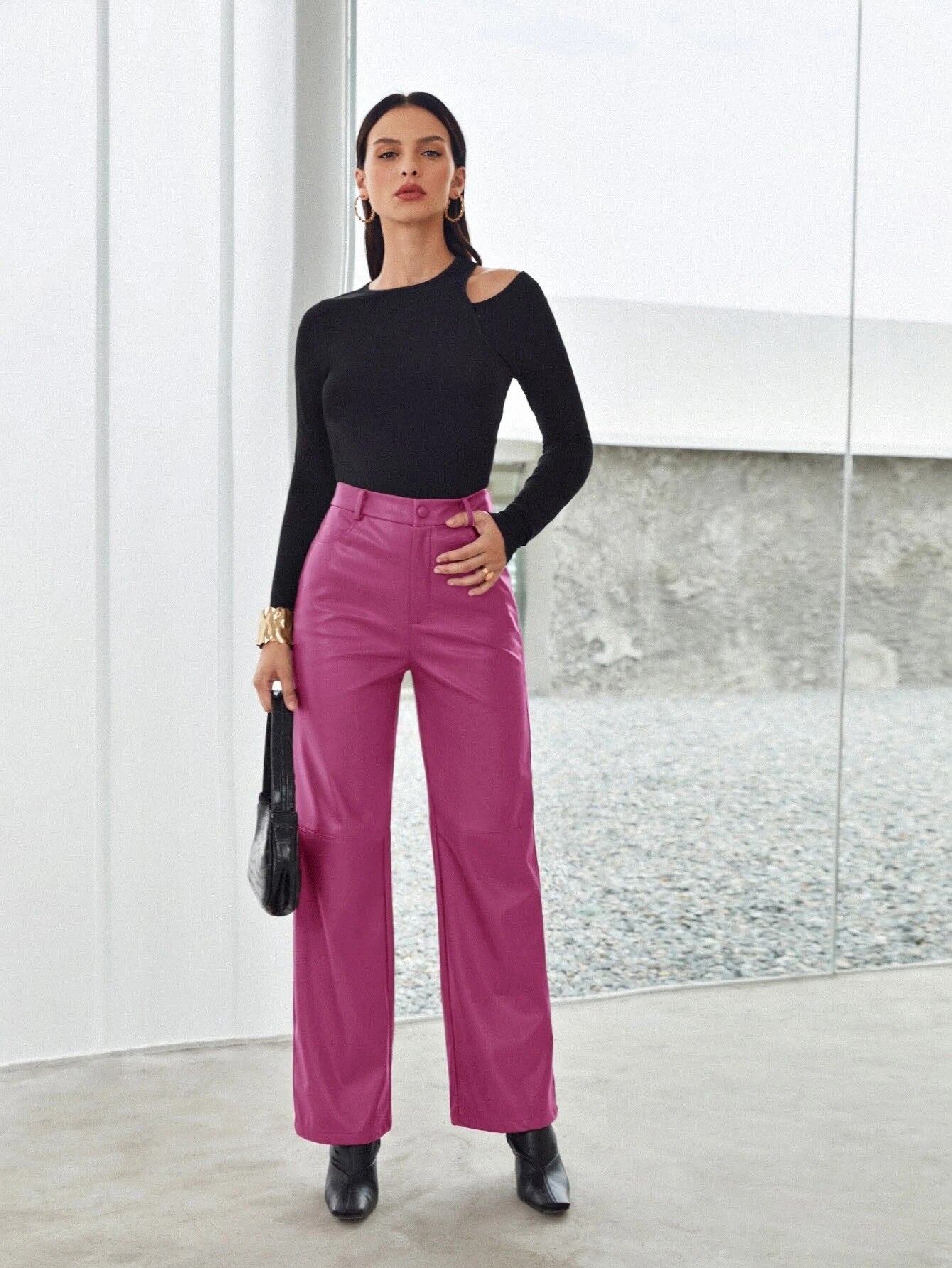 CM-BS237363 Women Elegant Seoul Style Zipper Fly Palazzo PU Pants - Hot Pink