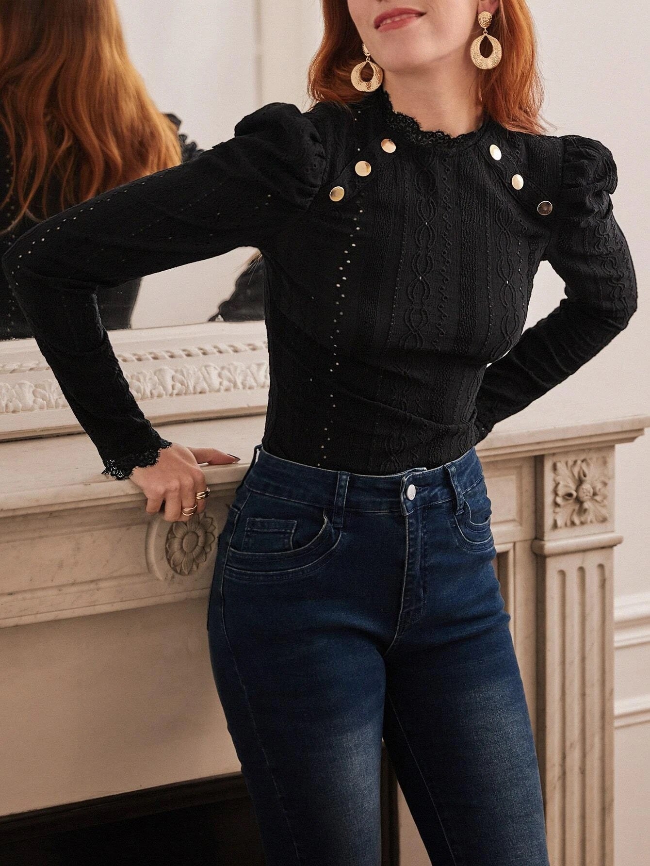 CM-TS108896 Women Elegant Seoul Style Button Detail Gigot Sleeve Eyelet Embroidery Bodysuit