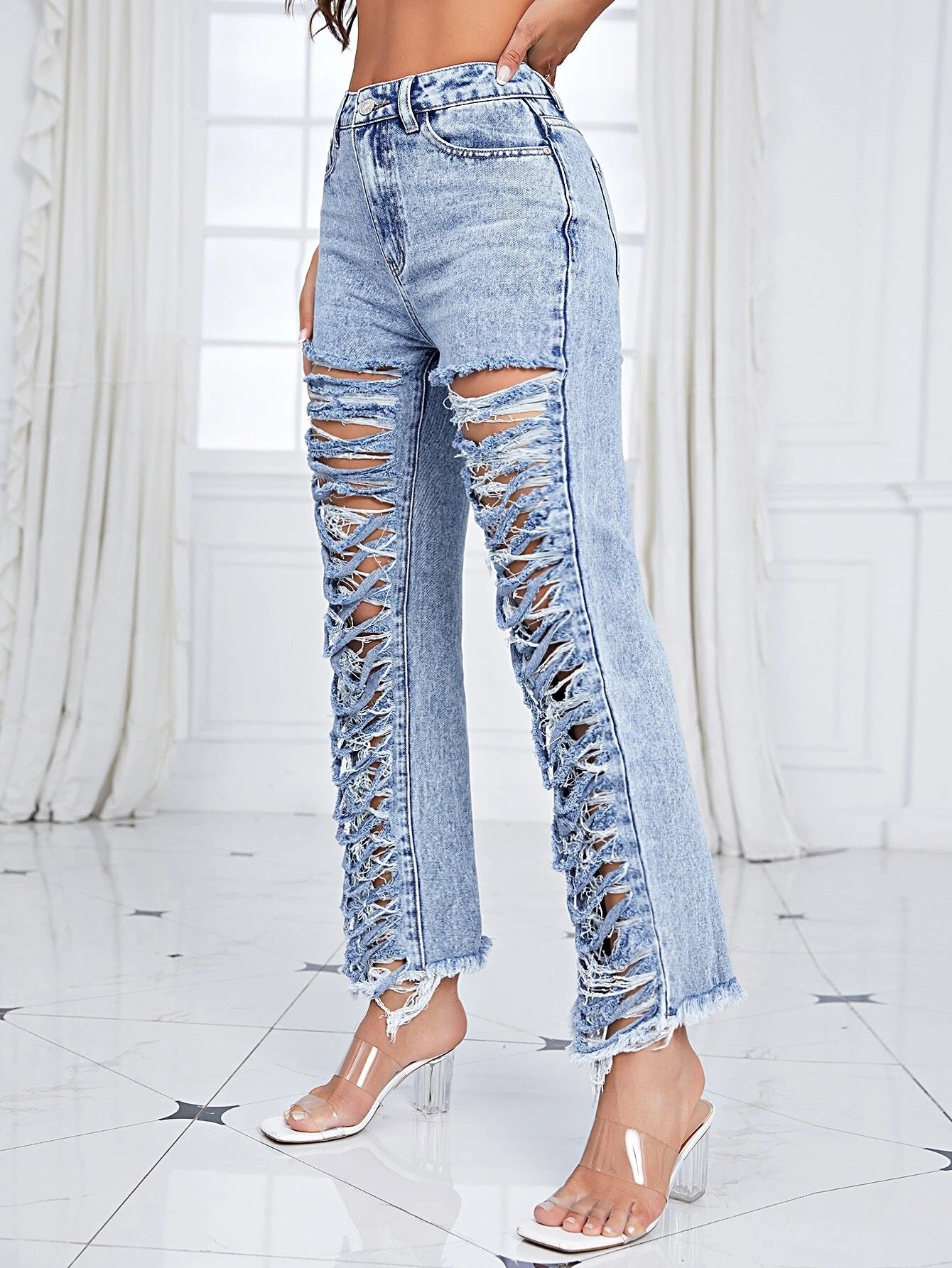 CM-BS288288 Women Preppy Seoul Style Ladder Ripped Raw Hem Straight Leg Jeans