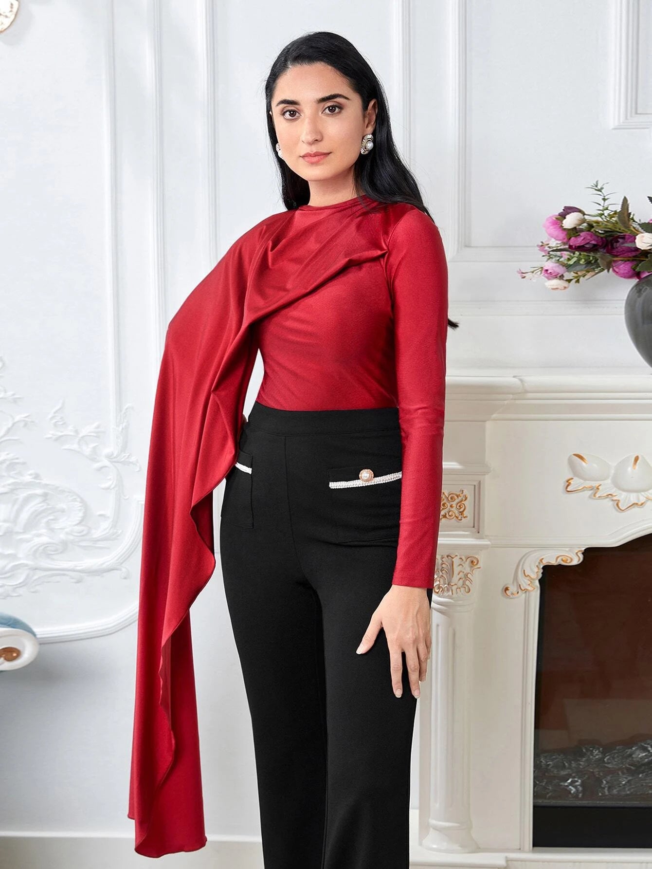 CM-TS083138 Women Elegant Seoul Style Lettuce Trim Asymmetrical Split Sleeve Top - Burgundy