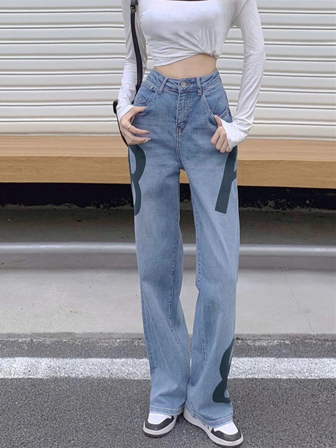 CM-BS331573 Women Preppy Seoul Style Light Wash Letter Graphic Wide Leg Jeans