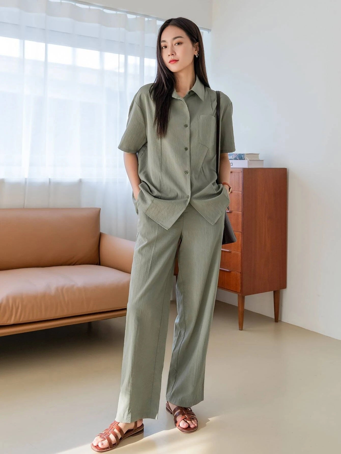 CM-SS111461 Women Casual Seoul Style Solid Pocket Patched Shirt With Pants - Set