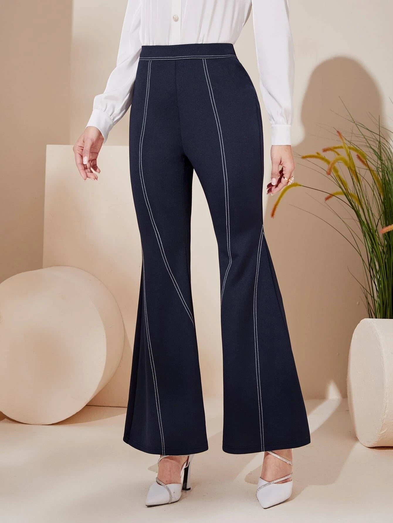 CM-BS148038 Women Elegant Seoul Style High Waist Top-Stitching Flare Leg Pants - Navy Blue