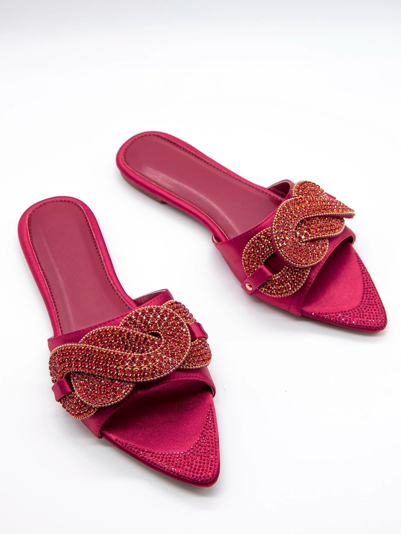CM-SHS649414 Women Trendy Seoul Style Satin Rhinestone Decor Slide Sandals - Red