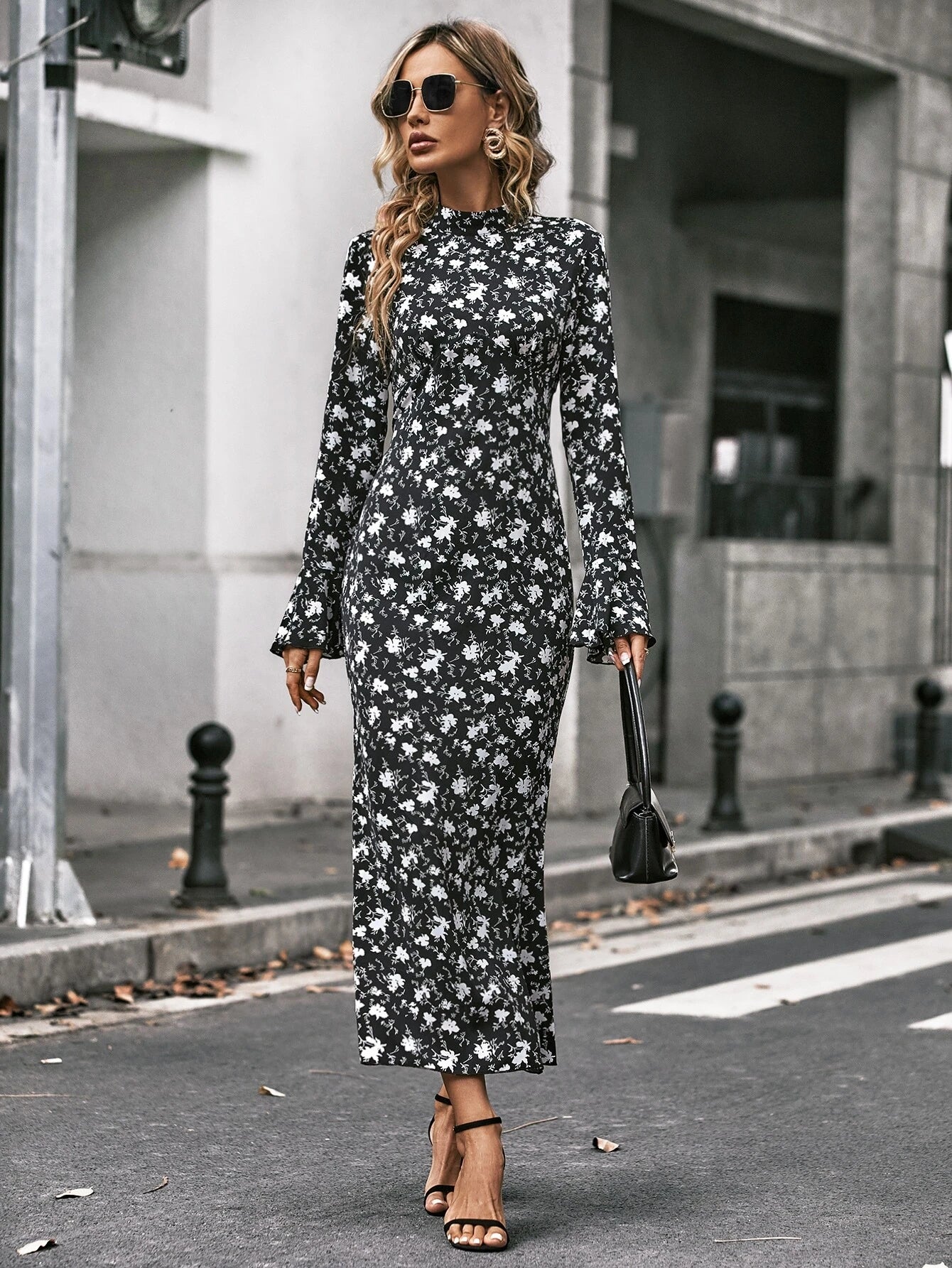 CM-DS281182 Women Casual Seoul Style Floral Print Flounce Sleeve Mermaid Hem Dress