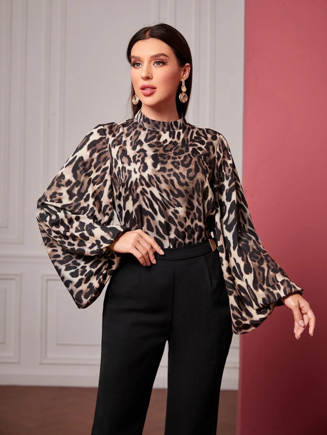 CM-TS091761 Women Trendy Bohemian Style Leopard Print Mock Neck Bishop Sleeve Top