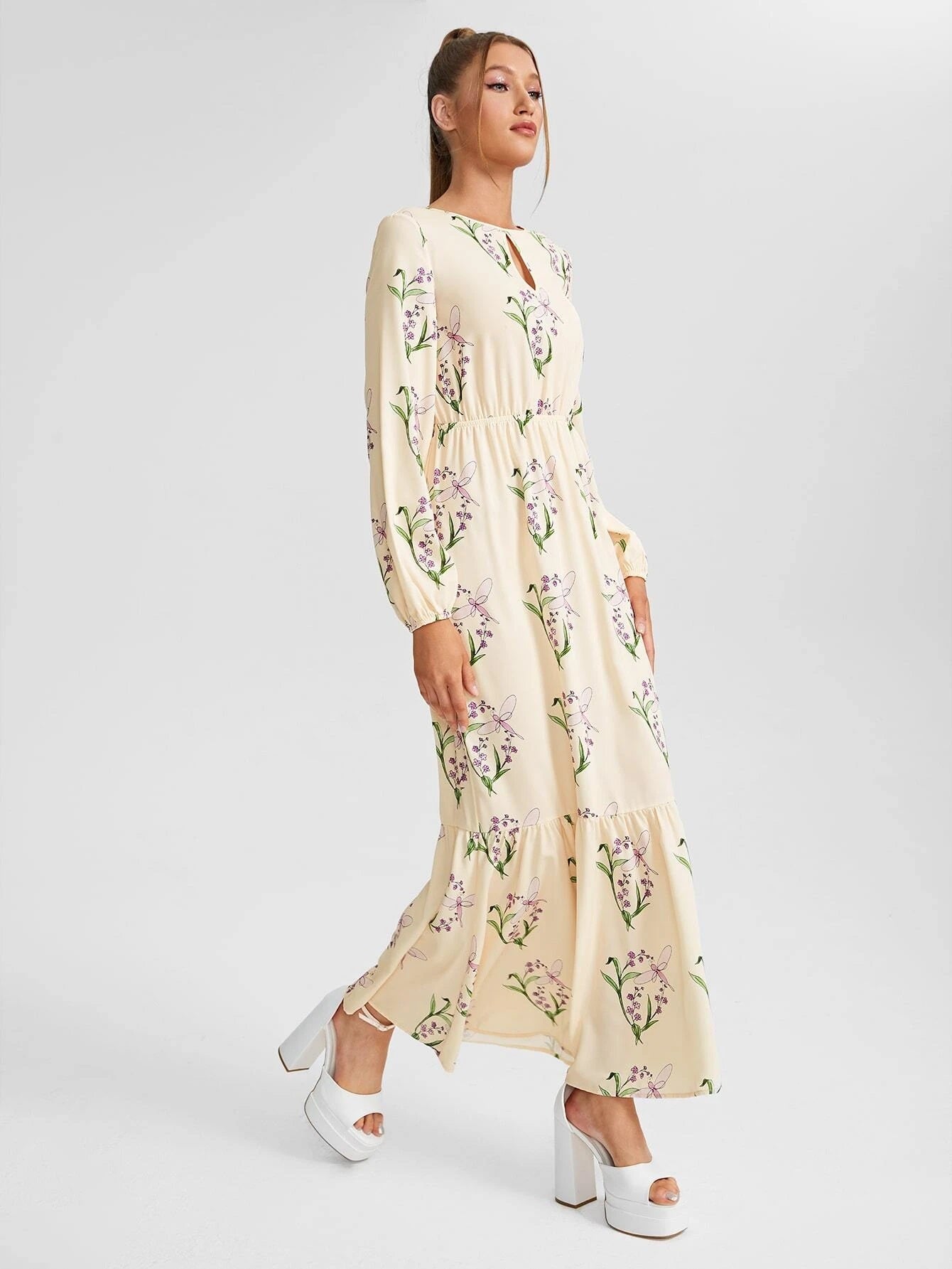 CM-DS552858 Women Casual Seoul Style Floral Print Keyhole Neck Lantern Sleeve Ruffle Hem Dress