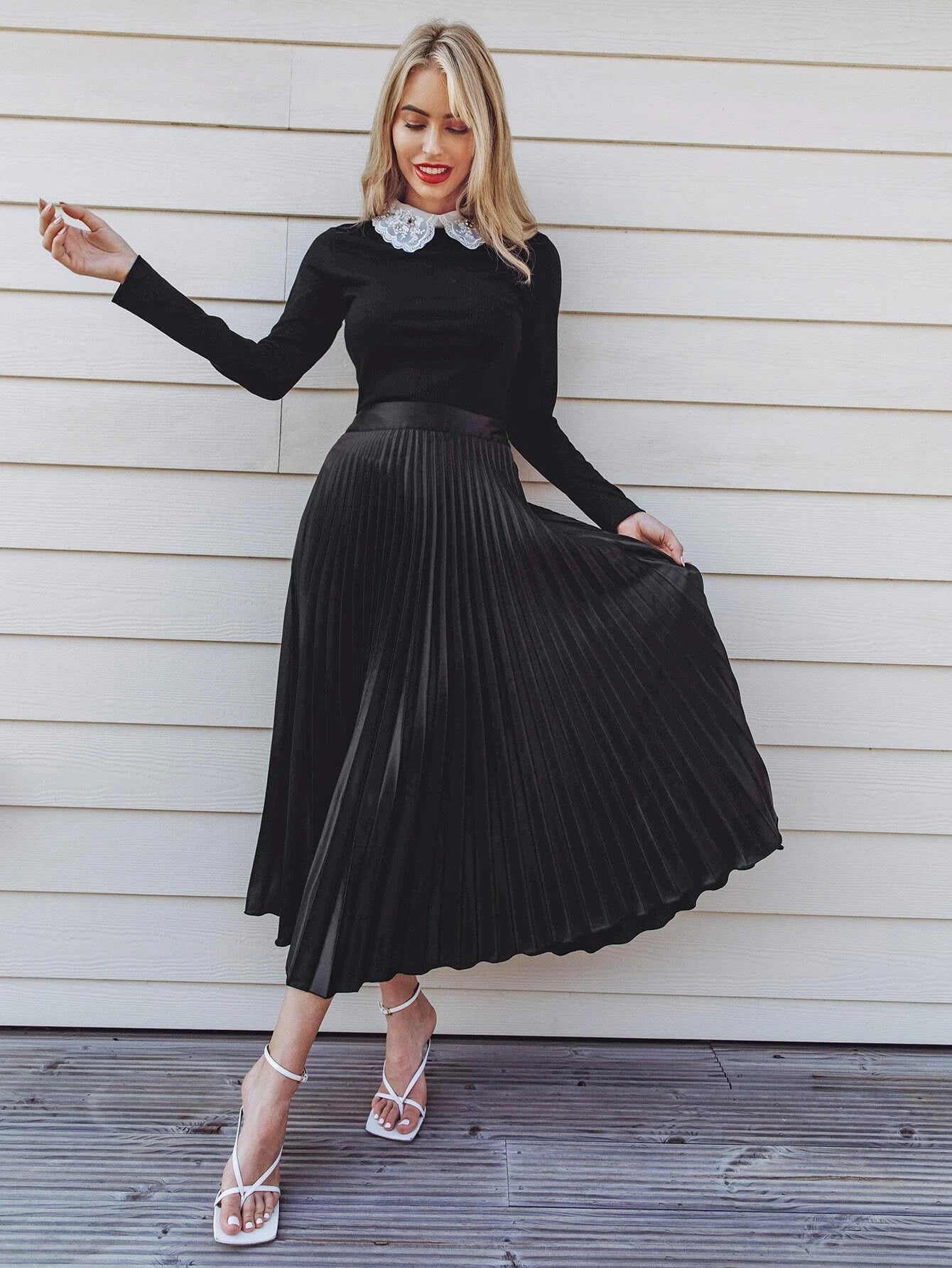 CM-BS905549 Women Elegant Seoul Style High Waist Solid Pleated Skirt - Black