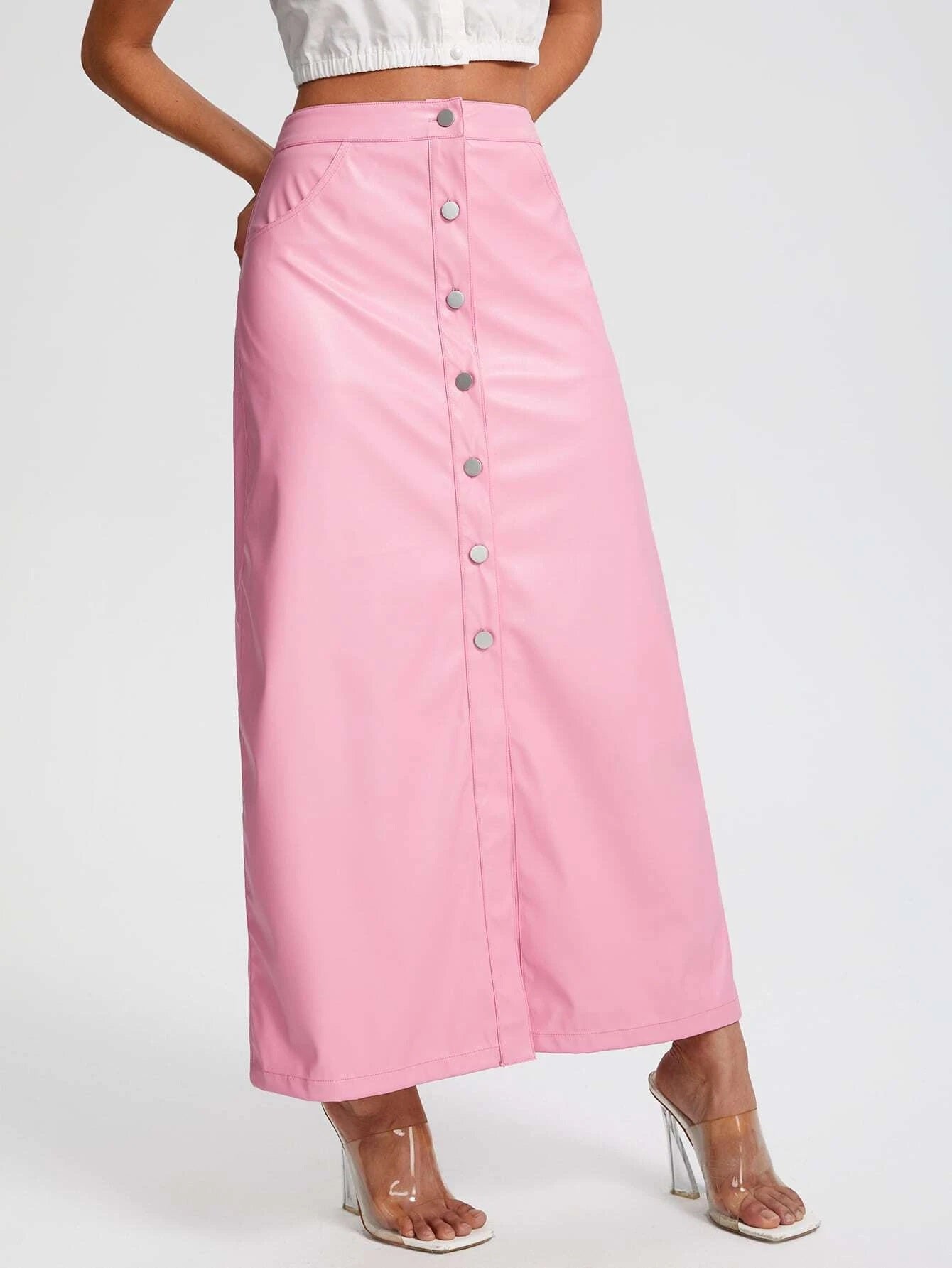 CM-BS538820 Women Elegant Seoul Style High Waist Button Front PU Leather Skirt - Pink