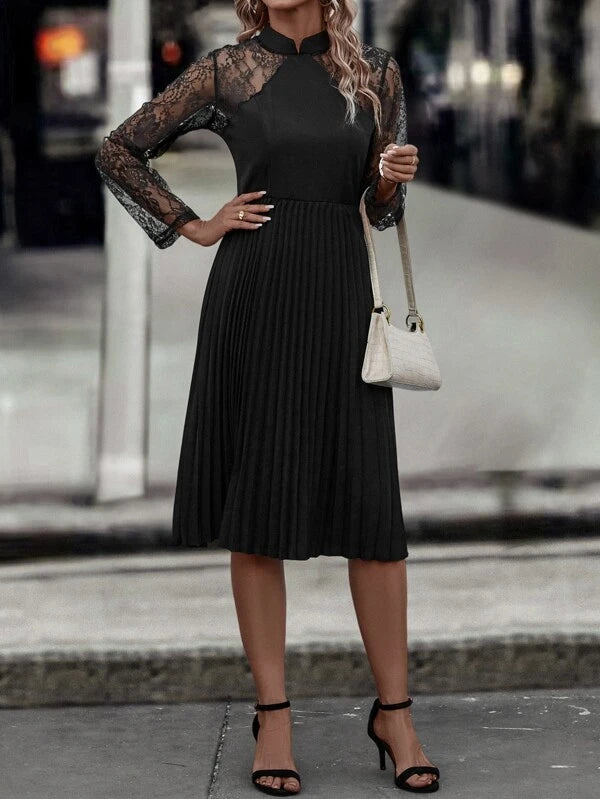 CM-DS696654 Women Elegant Seoul Style Contrast Lace Pleated Hem Dress - Black