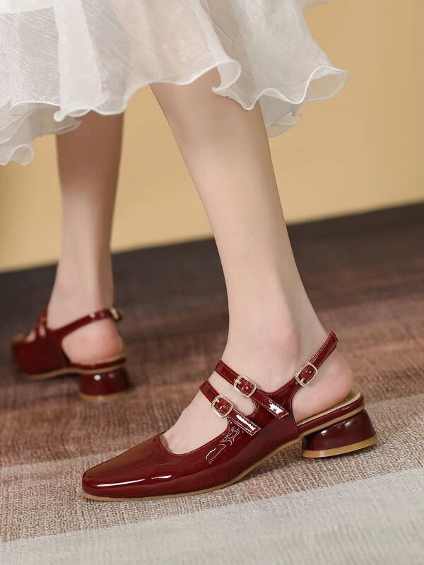 CM-SHS615391 Women Trendy Seoul Style Buckle Detail Slingback Flats - Burgundy