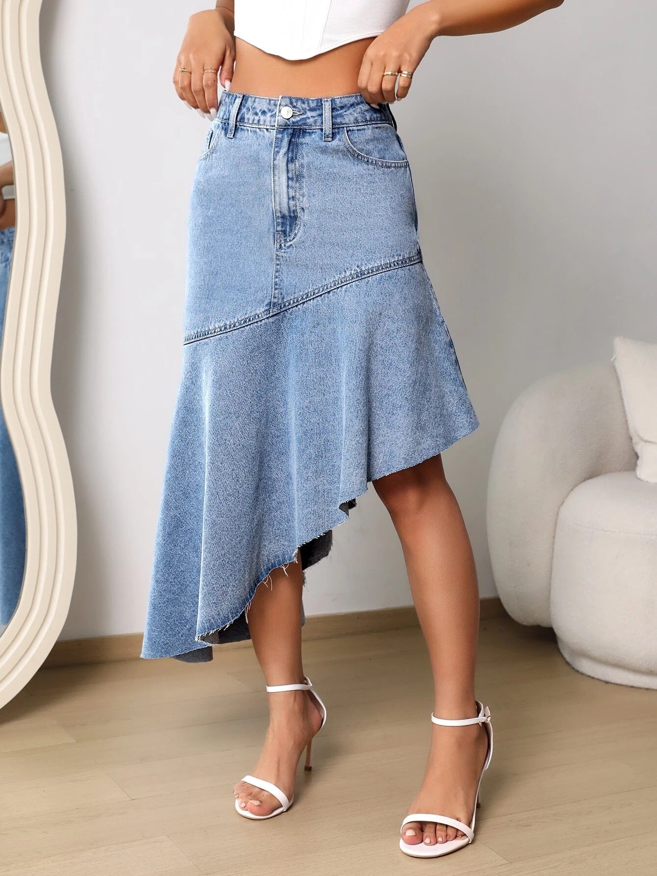 CM-BS433511 Women Preppy Seoul Style High Waist Asymmetrical Raw Hem Denim Skirt