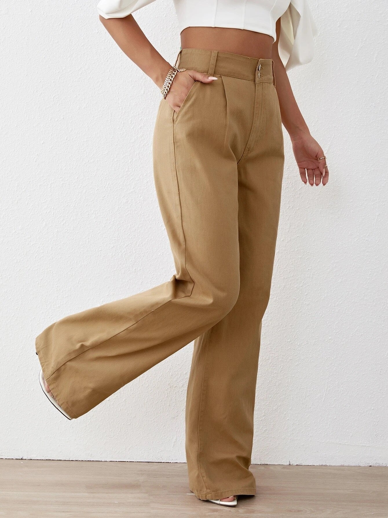 CM-BS228248 Women Preppy Seoul Style Solid High Waist Wide Leg Jeans - Brown