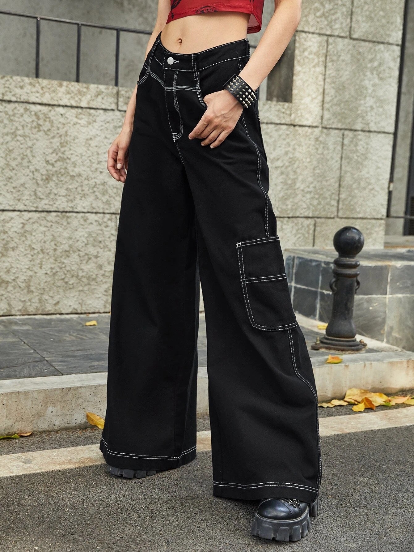 CM-BS971979 Women Preppy Seoul Style Grunge Punk Solid Wide Leg Jeans - Black