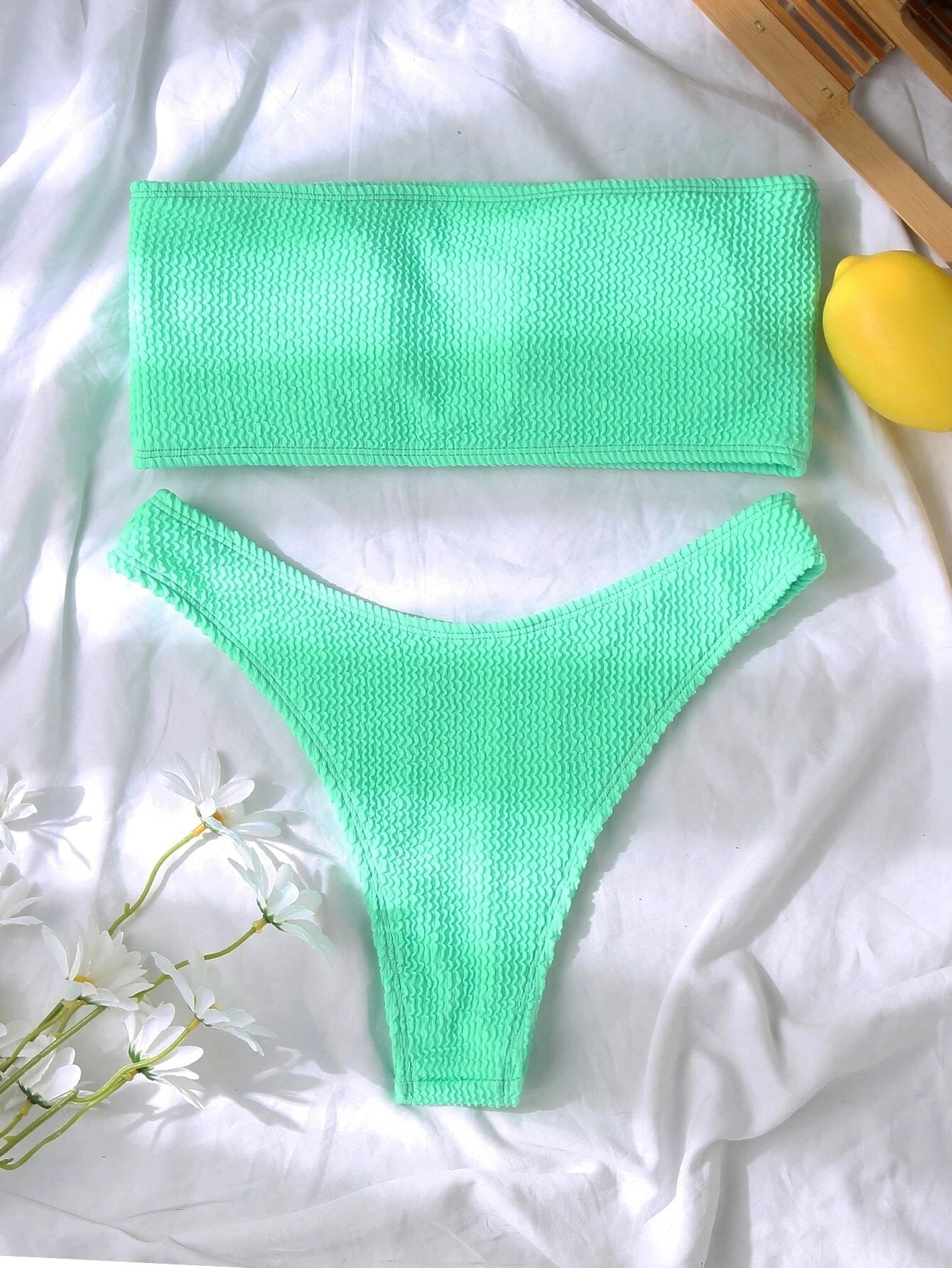 CM-SWS426448 Women Trendy Seoul Style Textured Bandeau High Cut Bikini Swimsuit - Green