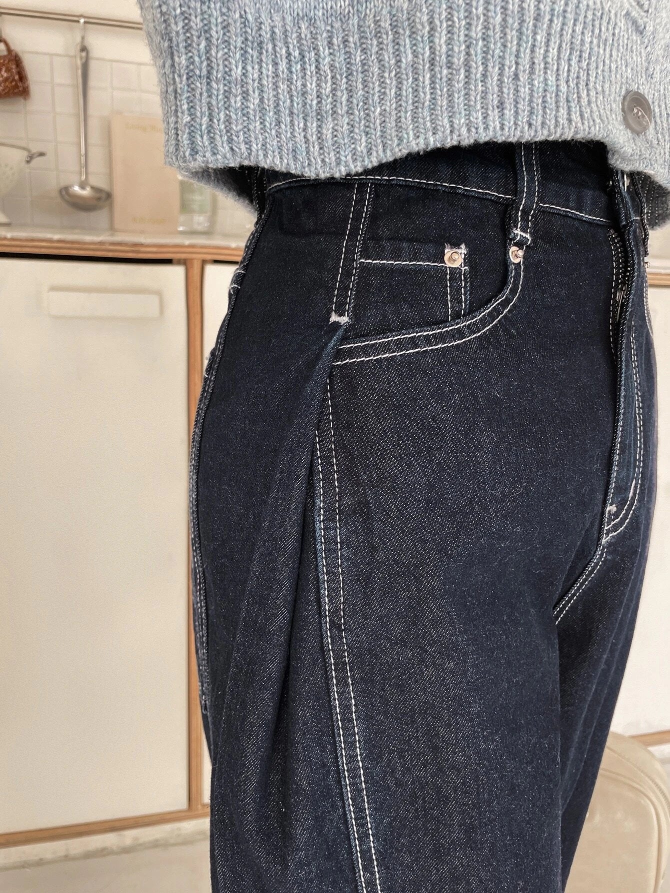 CM-BS180087 Women Casual Seoul Style Dark Wash Top-Stitching Wide Leg Jeans