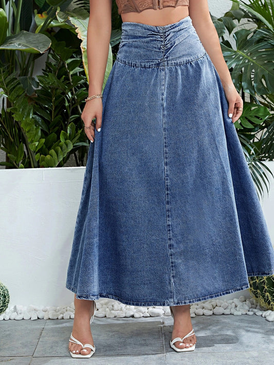 CM-BS200039 Women Casual Seoul Style High Waist Button Front Ruched Waist Denim Skirt