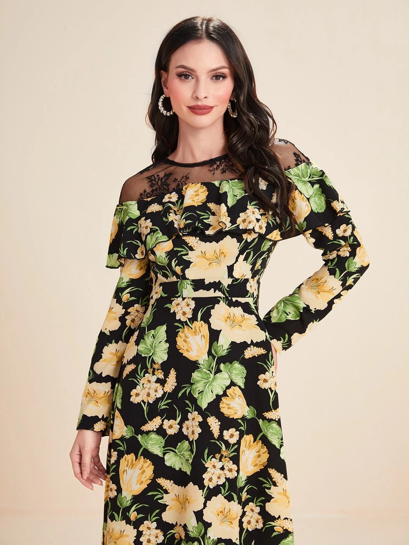 CM-DS426990 Women Elegant Seoul Style Floral Print Contrast Lace Ruffle Hem Dress