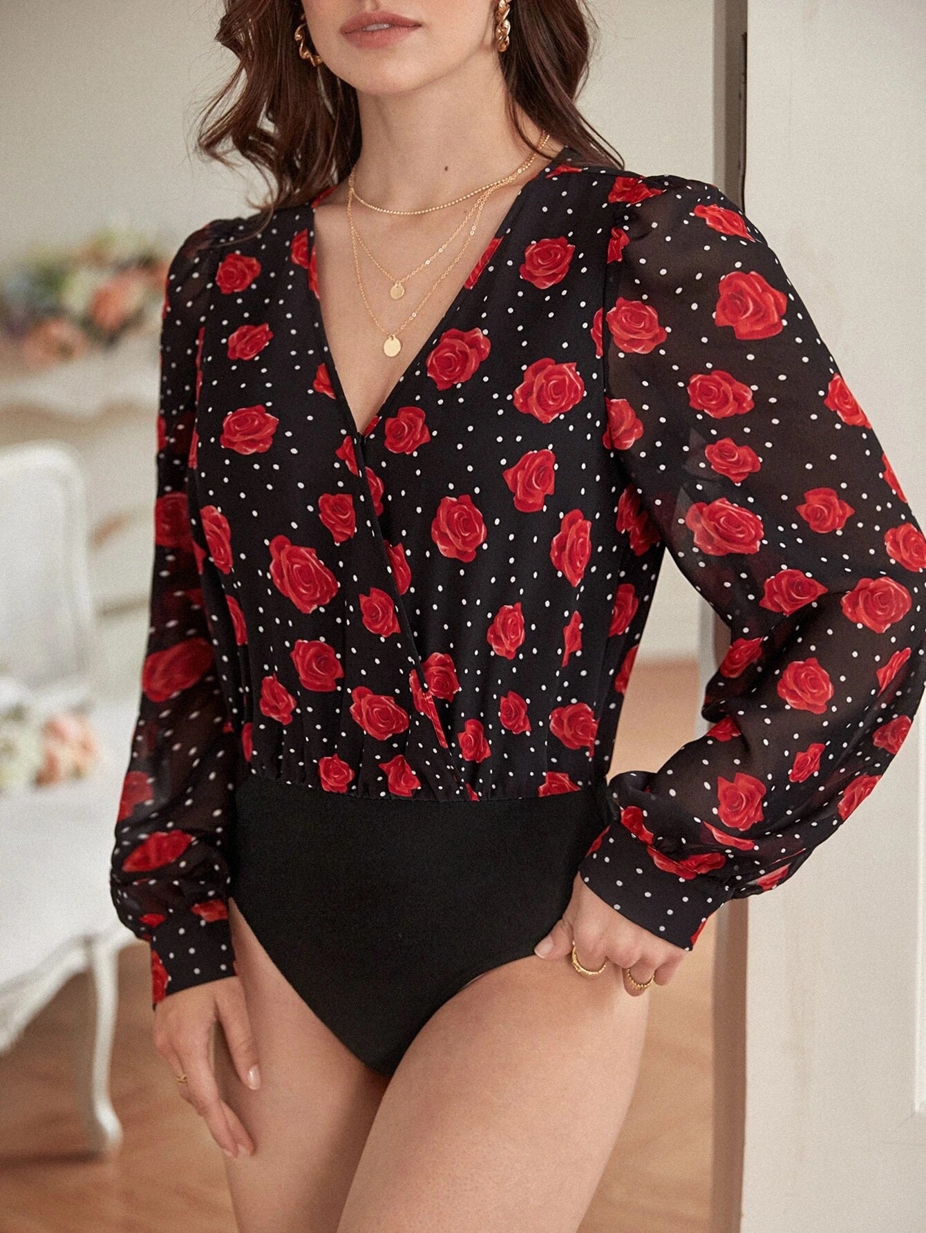 CM-TS064614 Women Casual Seoul Style V-Neck Polka Dot And Floral Print Bodysuit