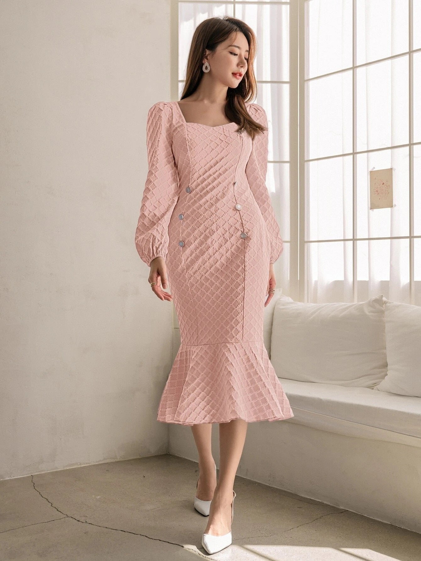 CM-DS418182 Women Elegant Seoul Style Square Neck Lantern Sleeve Mermaid Hem Jacquard Dress