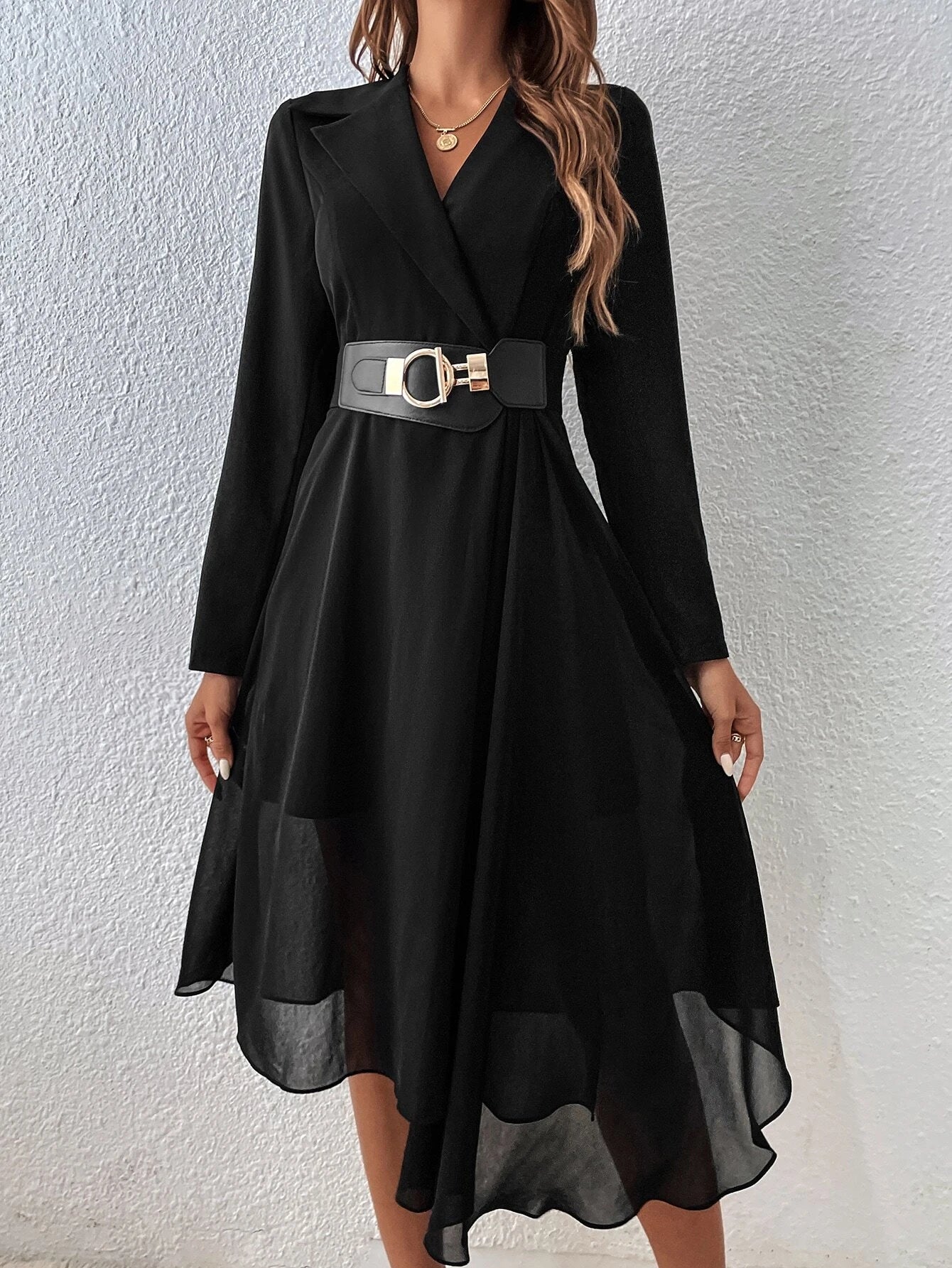 CM-DS338512 Women Elegant Seoul Style Lapel Neck Wrap Detail High Low Hem Belted Dress