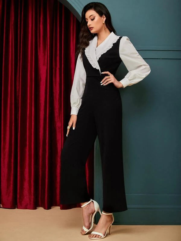 CM-JS846646 Women Elegant Seoul Style Colorblock Ruffle Trim Jumpsuit - Black