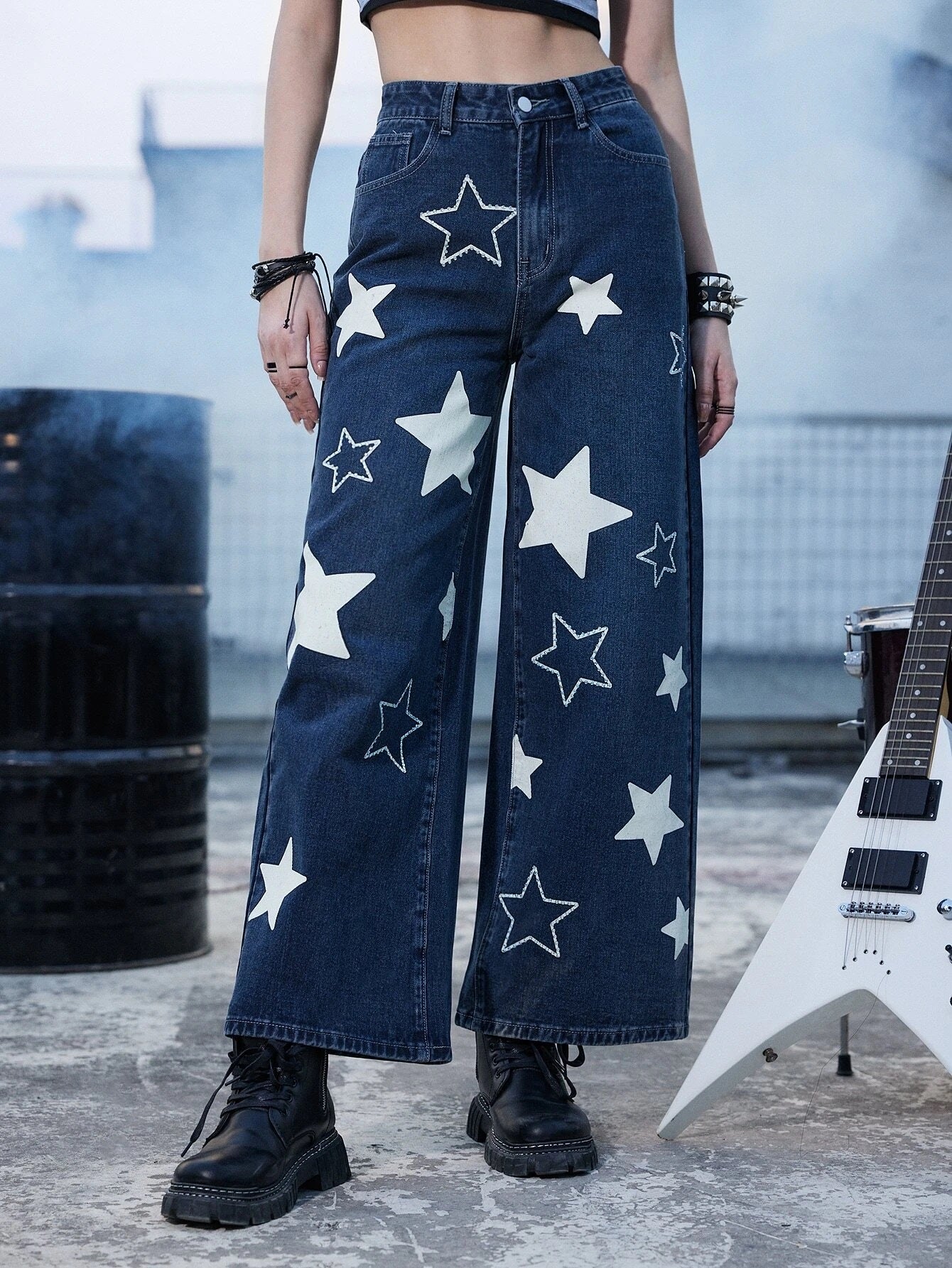 CM-BS555785 Women Preppy Seoul Style Dark Wash Star Print Wide Leg Jeans