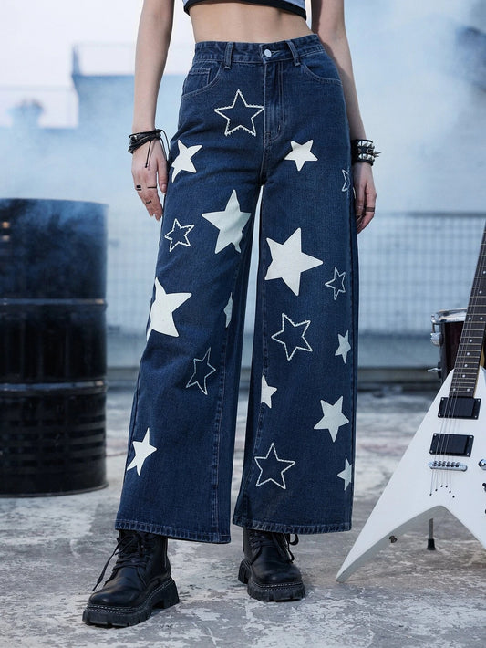 CM-BS555785 Women Preppy Seoul Style Dark Wash Star Print Wide Leg Jeans