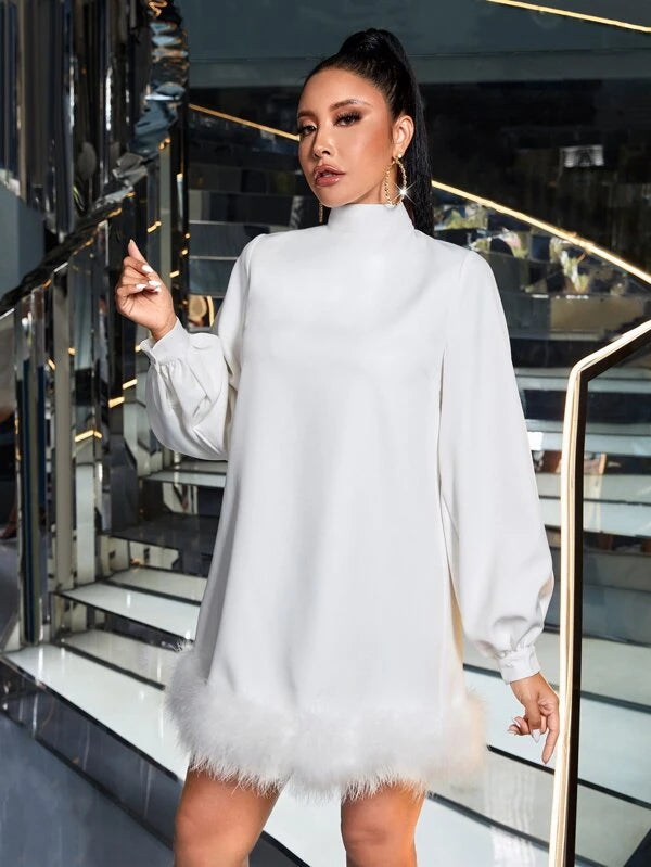 CM-DS169238 Women Elegant Seoul Style Mock Neck Fuzzy Trim Lantern Sleeve Dress