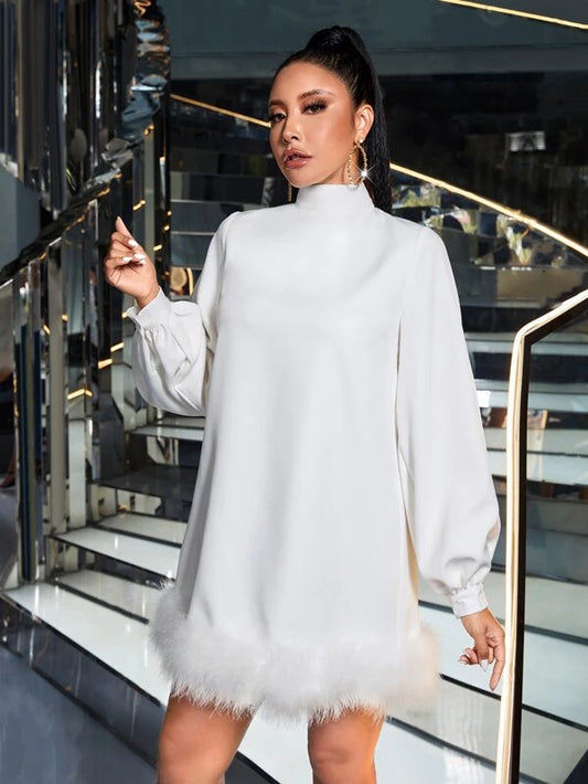 CM-DS169238 Women Elegant Seoul Style Mock Neck Fuzzy Trim Lantern Sleeve Dress