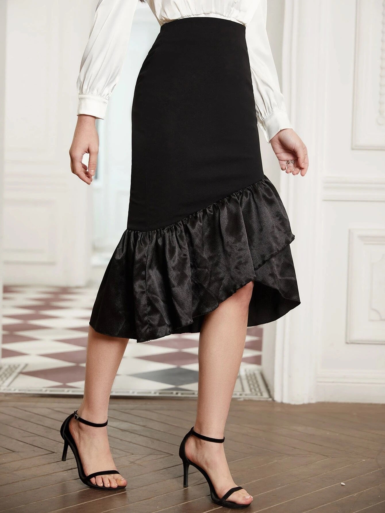 CM-BS711823 Women Elegant Seoul Style High Waist Ruffle Trim Skirt - Black