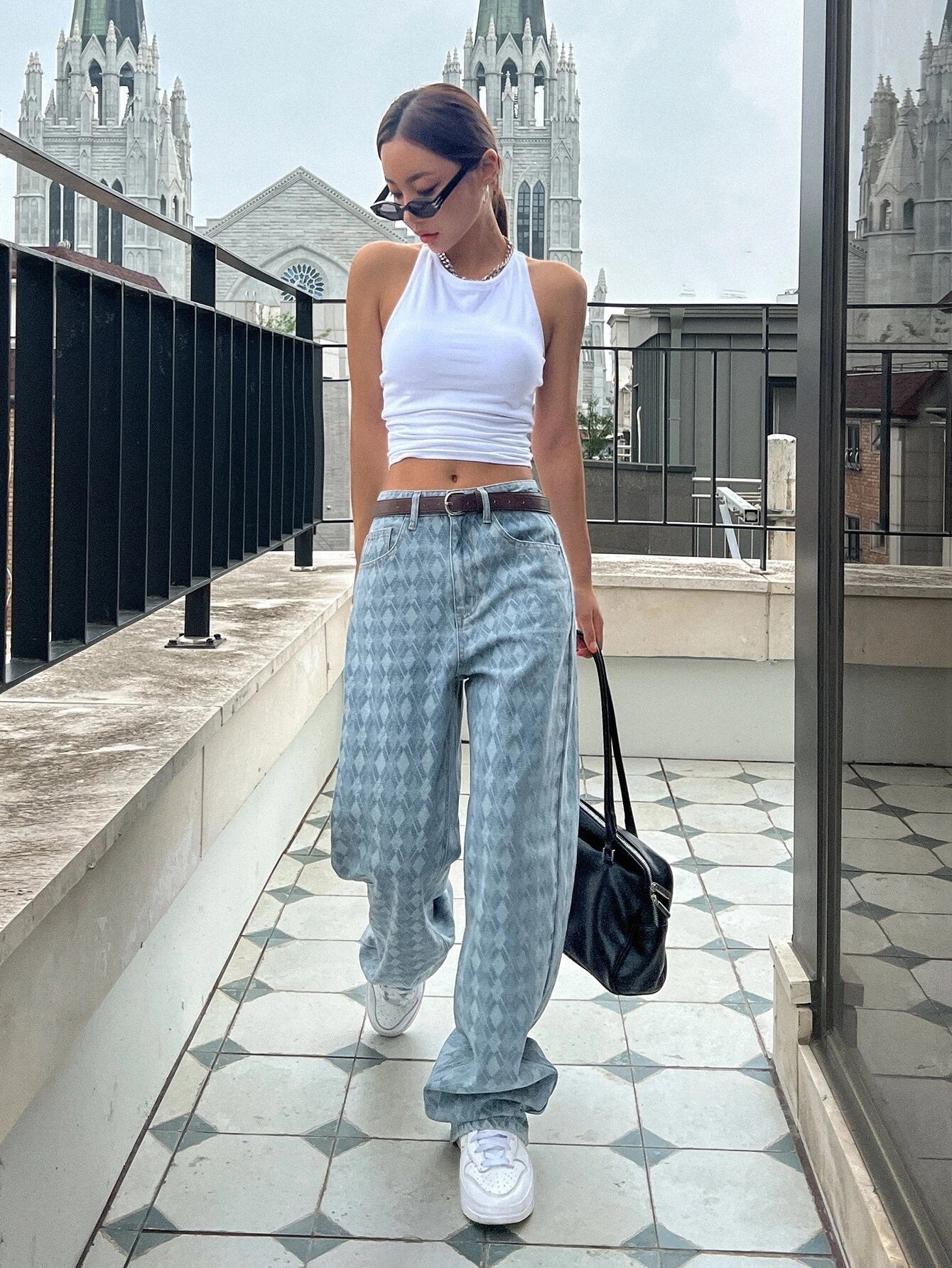 CM-BS232339 Women Preppy Seoul Style Light Wash Argyle Pattern Wide Leg Jeans