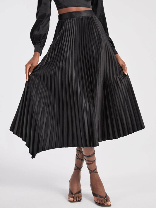 CM-BS477198 Women Elegant Seoul Style Asymmetrical Hem Pleated Skirt - Black