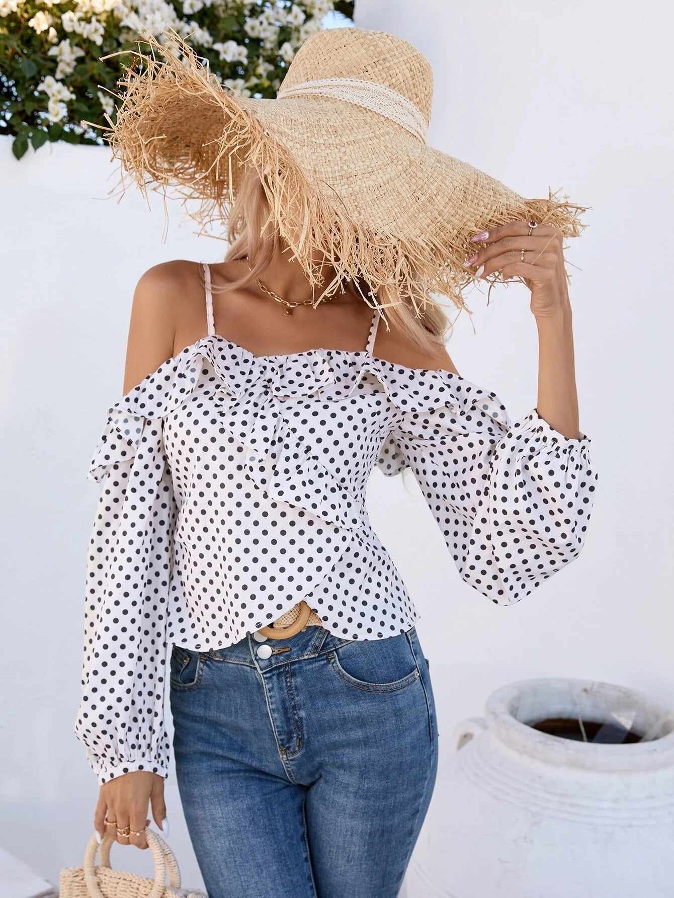 CM-TS285376 Women Casual Seoul Style Polka Dot Cold Shoulder Ruffle Trim Lantern Sleeve Blouse