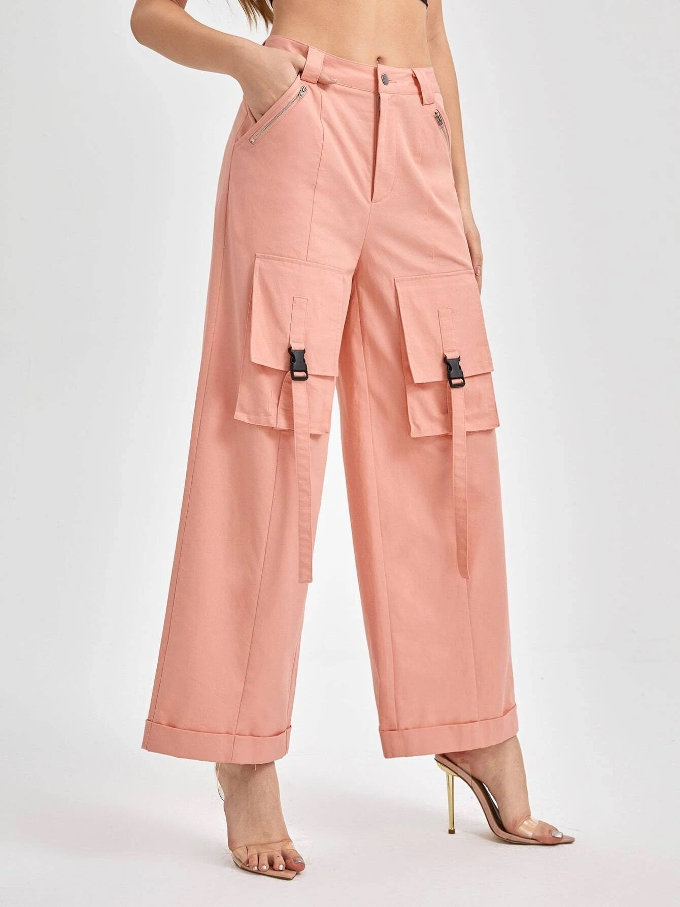 CM-BS762326 Women Casual Seoul Style Streetwear Flap Pocket Wide Leg Pants - Coral Pink