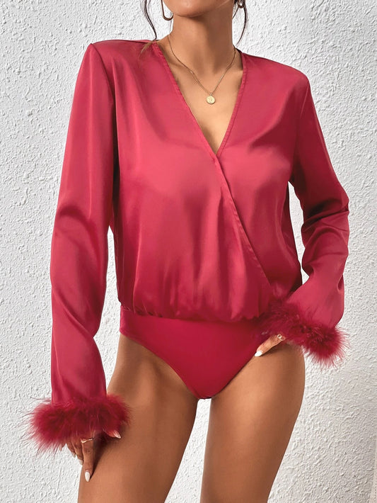 CM-TS802212 Women Casual Seoul Style Fuzzy Cuff Surplice Neck Bodysuit - Red