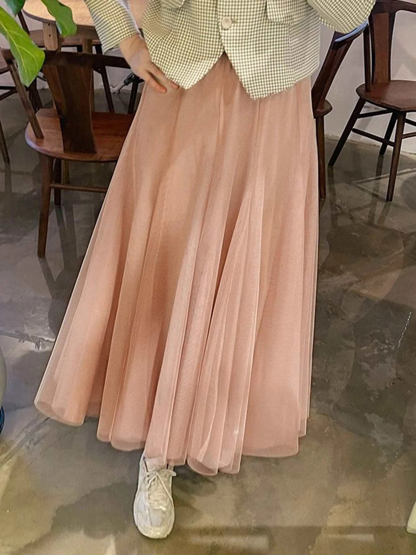 CM-BS872066 Women Trendy Bohemian Style Solid Mesh Overlay Skirt - Coral Pink