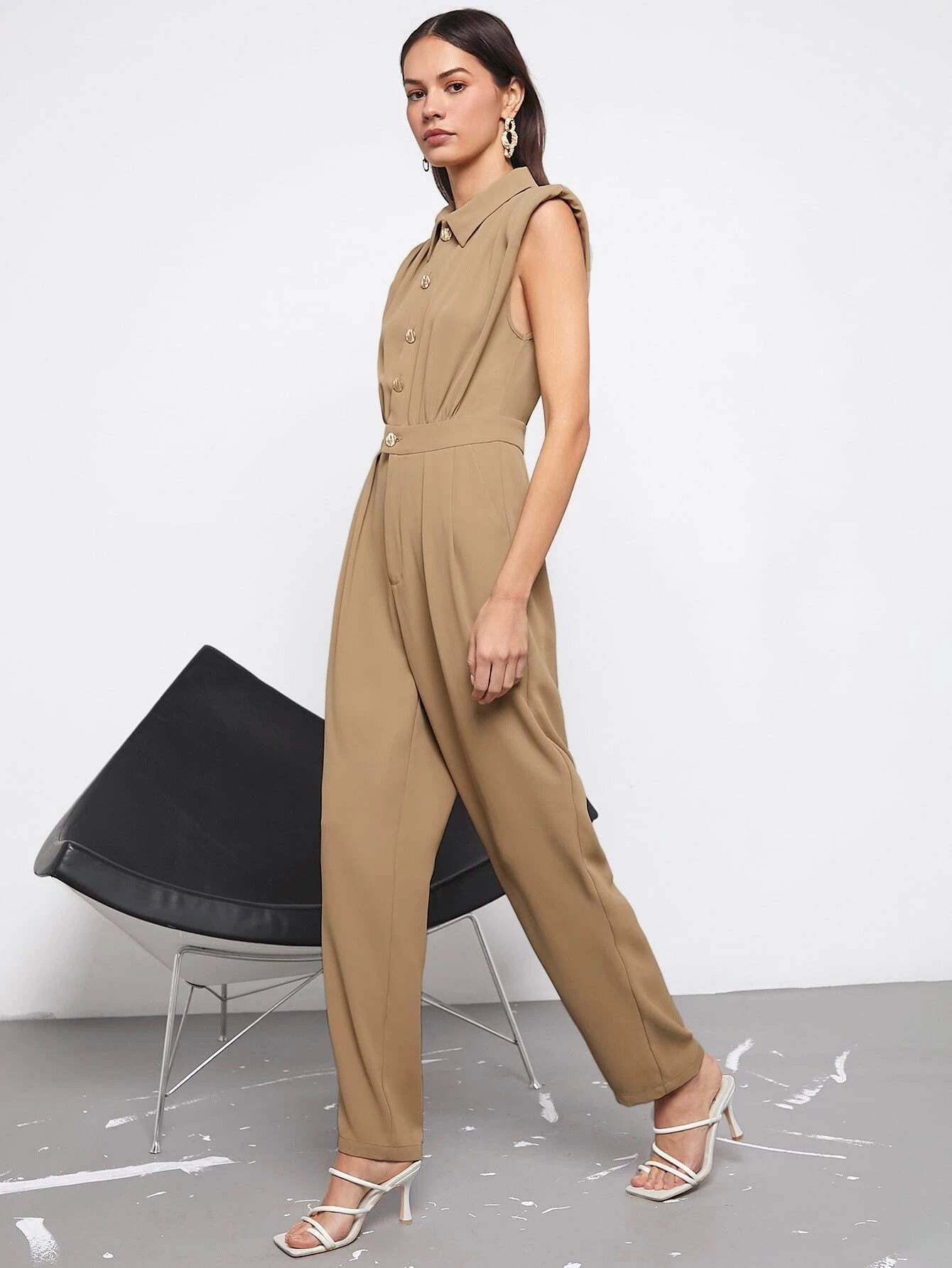 CM-JS611690 Women Elegant Seoul Style Solid Button Front Shoulder Pad Sleeveless Jumpsuit