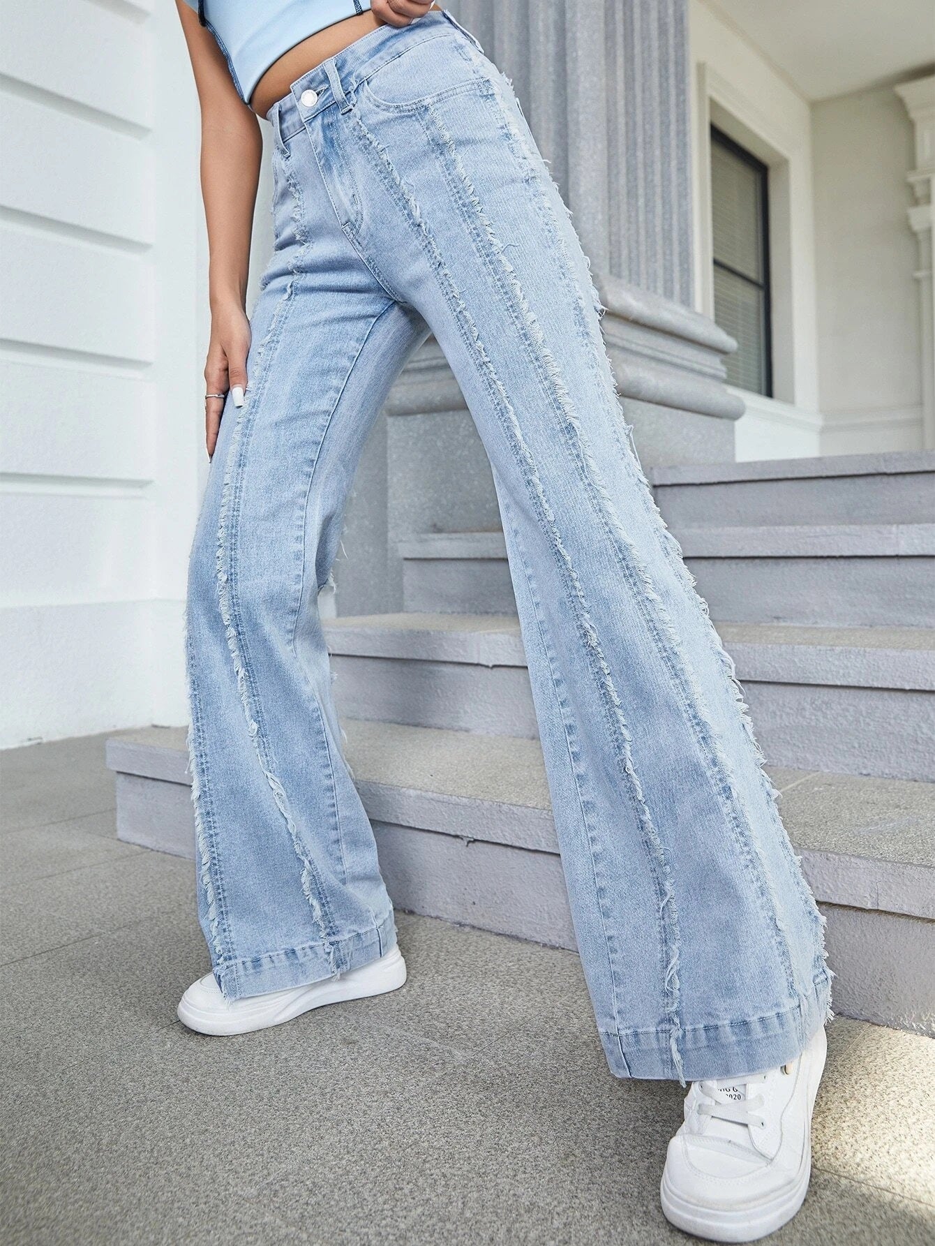 CM-BS151376 Women Preppy Seoul Style Light Wash Zipper Fly Raw Trim Flare Leg Jeans