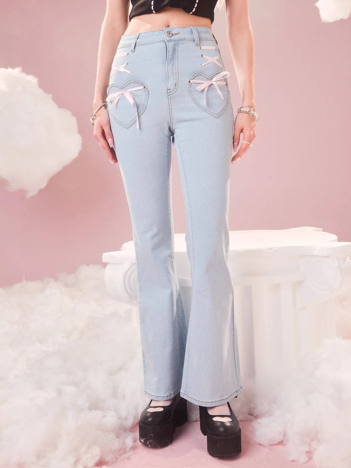 CM-BS756998 Women Casual Seoul Style Sweetness Bow Decor Flare Leg Jeans