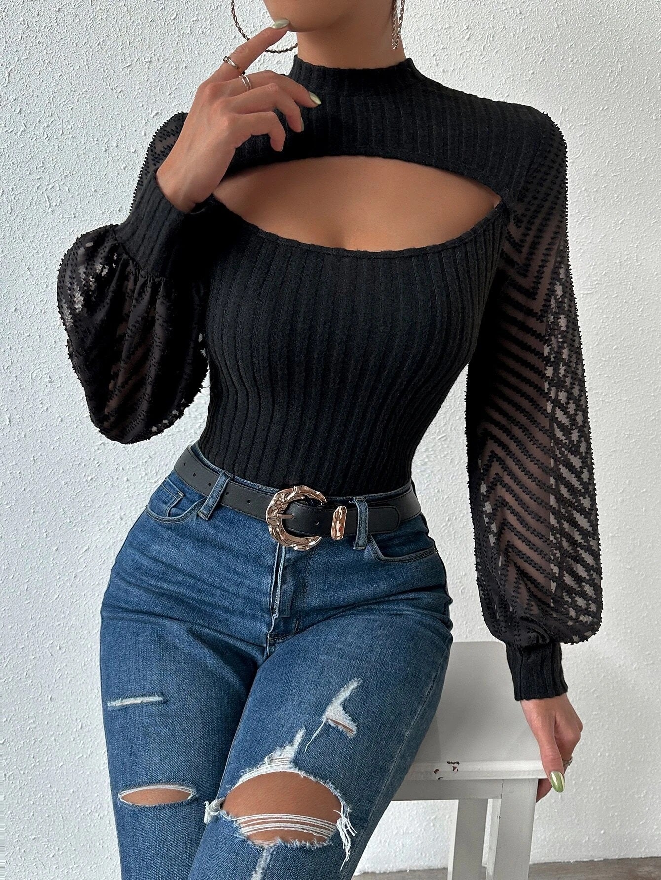 CM-TS713263 Women Casual Seoul Style Cut Out Front Mock Neck Contrast Mesh Lantern Sleeve Top