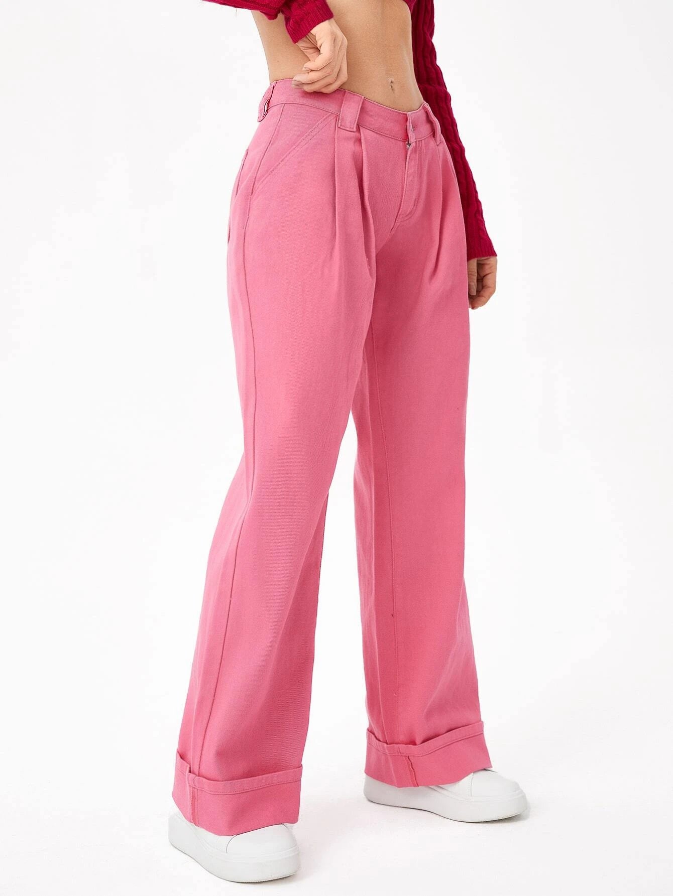 CM-BS670004 Women Casual Seoul Style Ultra Low Waist Plicated Detail Wide Leg Jeans - Pink