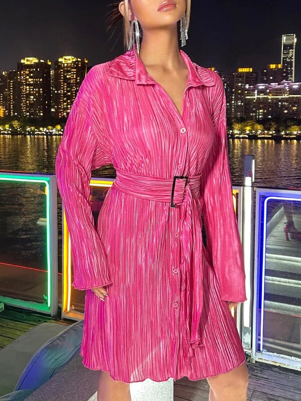 CM-DS384177 Women Elegant Seoul Style Drop Shoulder Belted Shirt Dress