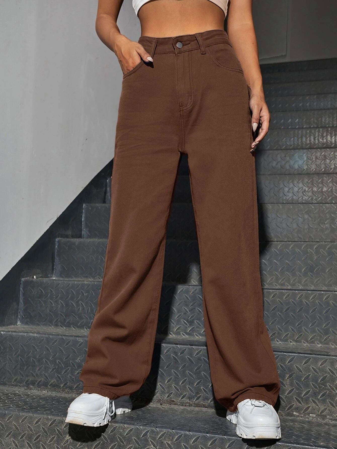 CM-BS617510 Women Preppy Seoul Style Slant Pocket High Waist Boyfriend Jeans - Brown